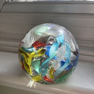 EUC Vintage Murano Italy Scrambled Latticino Ribbon Pastel Art Glass Paperweight